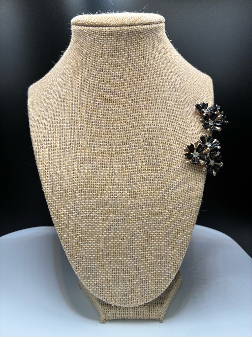 Vintage Black and Rhinestone Acrylic Flower Cluster Clip-on Earrings